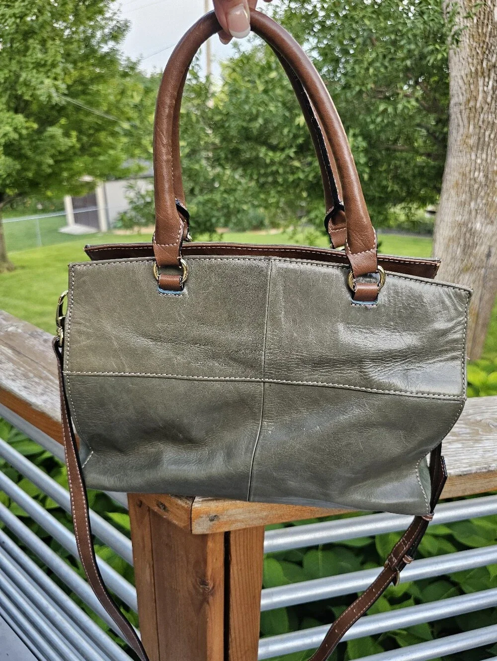 Tignanello Olive Green Leather Satchel with Brown Handles